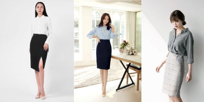 Ba người mẫu nữ mặc trang phục công sở với áo sơ mi và chân váy, đứng trong các bối cảnh khác nhau.