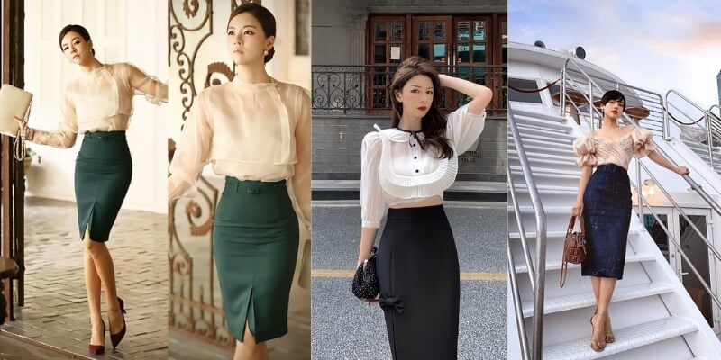 Ba người mặc trang phục công sở thanh lịch, đứng trong các bối cảnh khác nhau, trong nhà và ngoài trời.