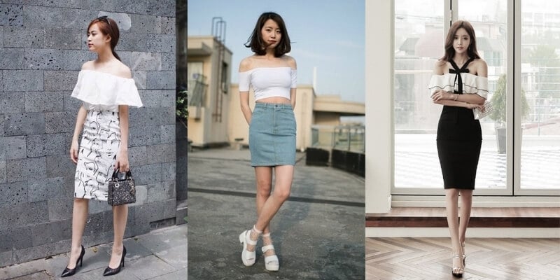 Ba người phụ nữ mặc trang phục thời trang đứng ở các bối cảnh khác nhau, thể hiện phong cách hiện đại và thanh lịch.