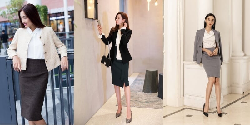 Ba người mặc trang phục công sở lịch sự, đứng tạo dáng trong các bối cảnh khác nhau.
