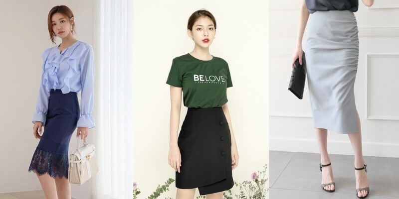 Ba người mặc trang phục thời trang gồm áo sơ mi, áo thun, và chân váy bút chì, tạo dáng trong không gian nội thất.