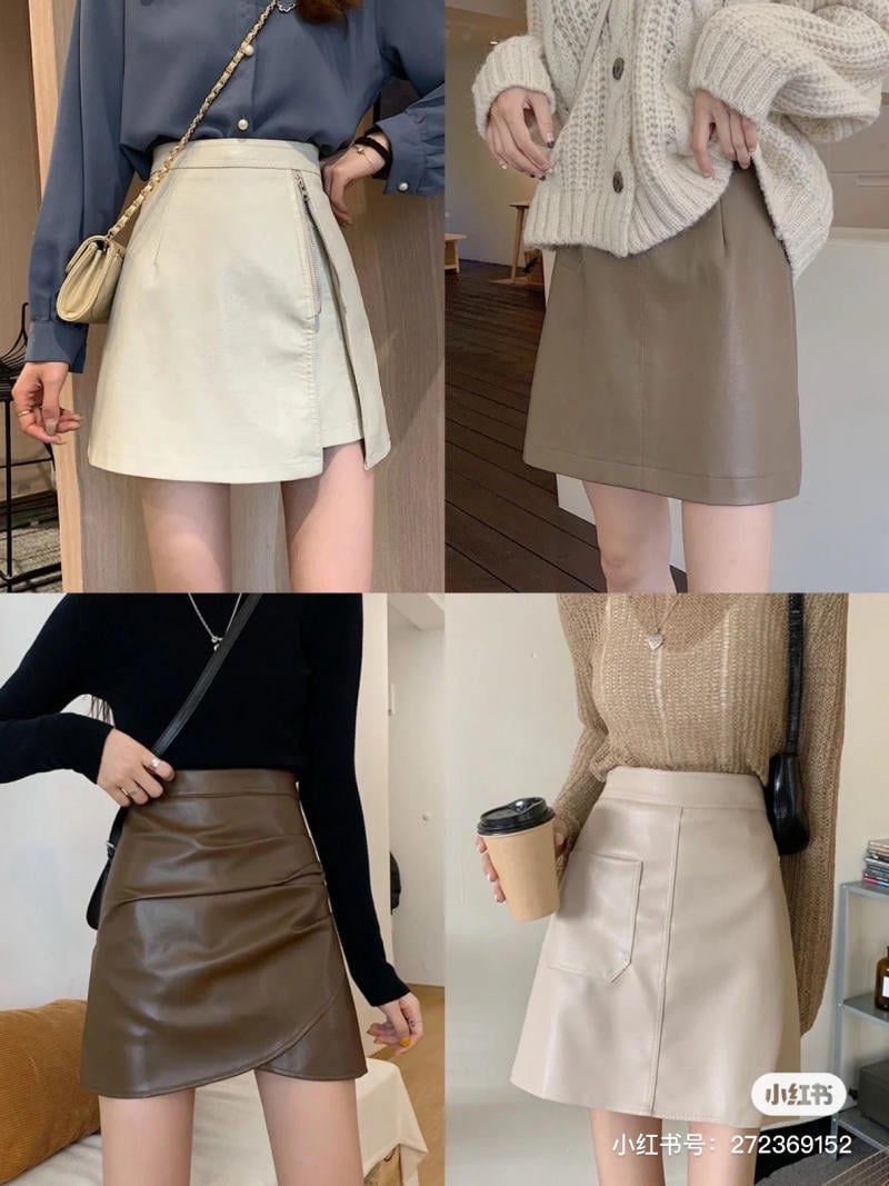 Bốn trang phục với váy ngắn khác nhau, kết hợp áo sơ mi, áo len và áo thun, cùng các phụ kiện đa dạng.