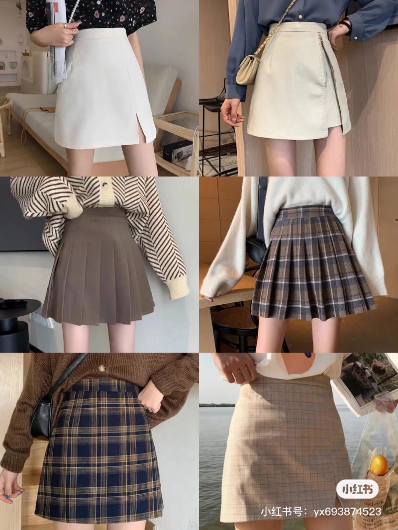 Hình ảnh các trang phục chân váy khác nhau, từ váy xếp ly đến váy kẻ caro, với nhiều kiểu áo khác nhau.