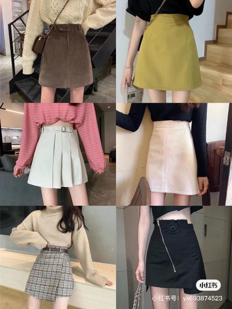 Hình ảnh các mẫu váy ngắn đa dạng, phối cùng áo len và áo thun, tạo phong cách thời trang hiện đại.