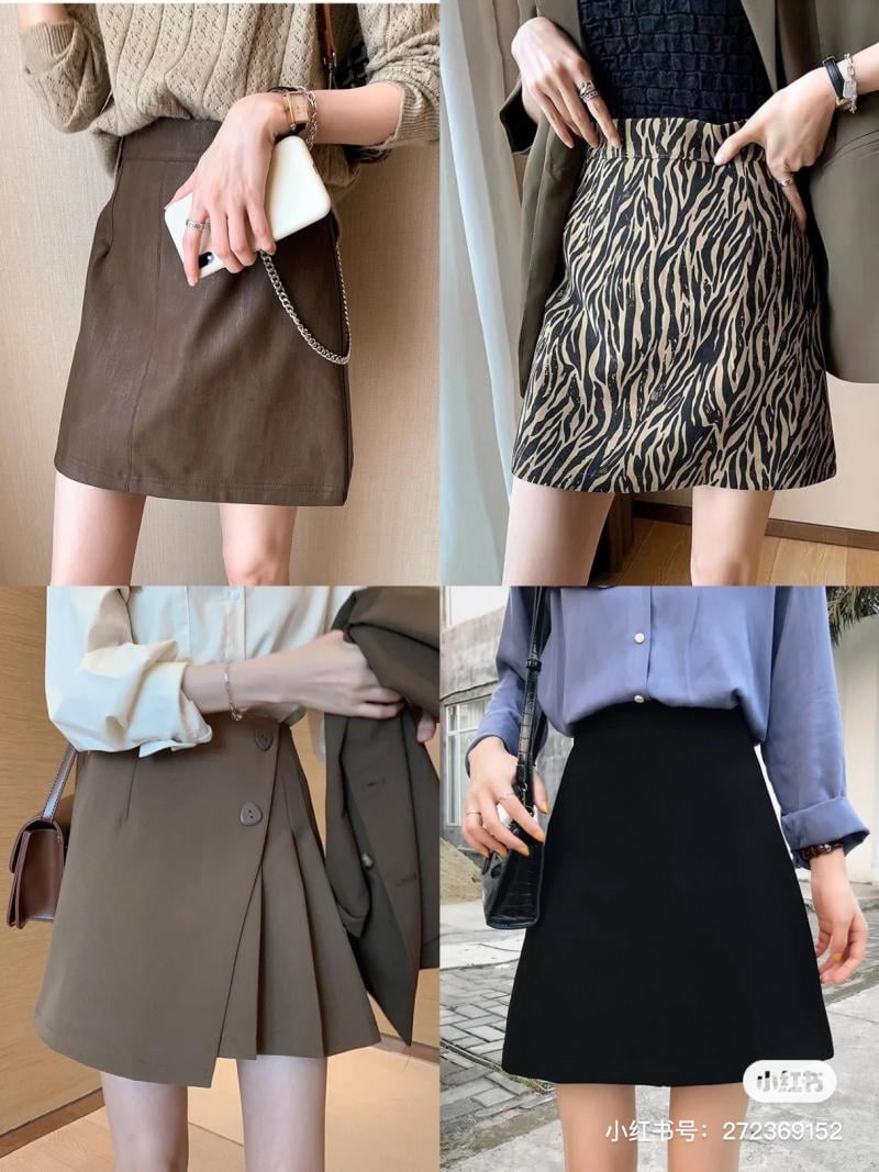 Bốn hình ảnh của váy ngắn nữ trong các thiết kế và màu sắc khác nhau, kết hợp với áo và phụ kiện.
