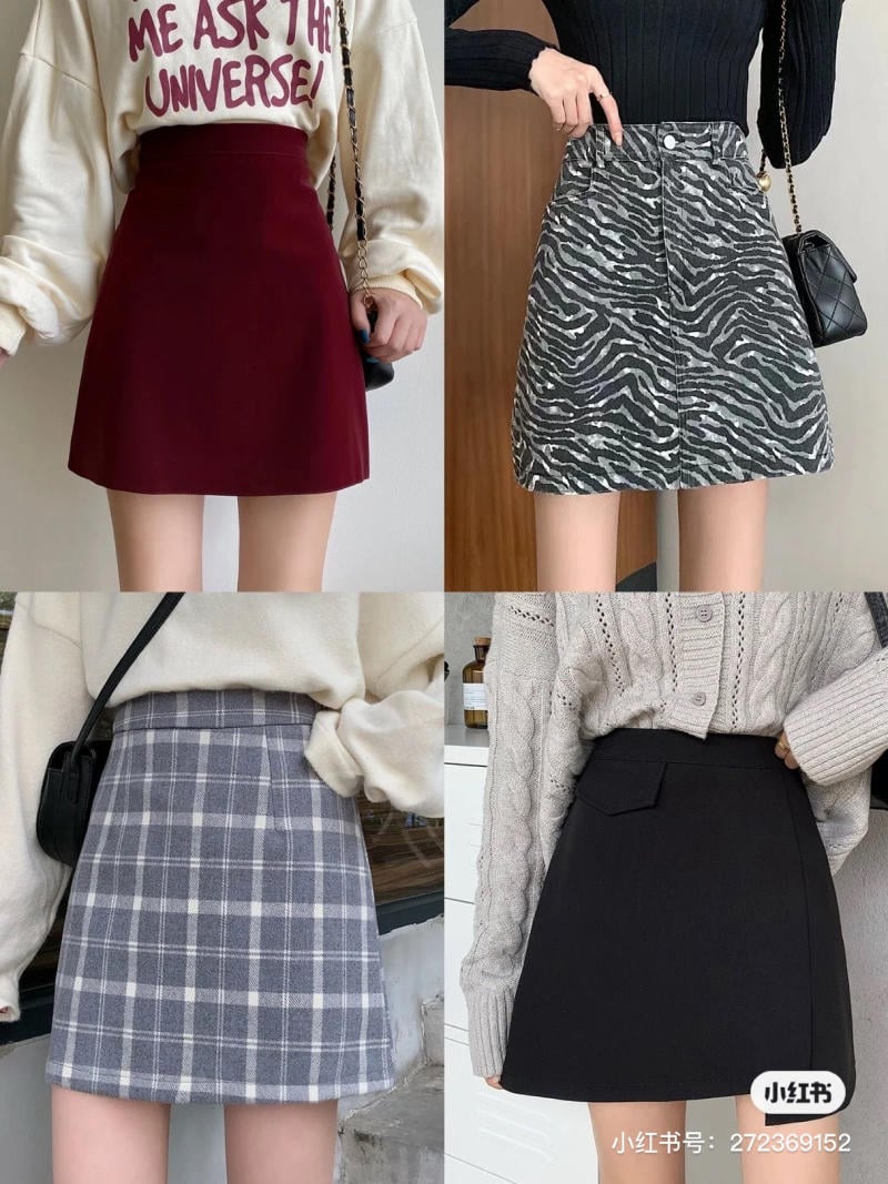 Bốn mẫu chân váy thời trang với các họa tiết và màu sắc khác nhau, kết hợp cùng áo và túi xách.