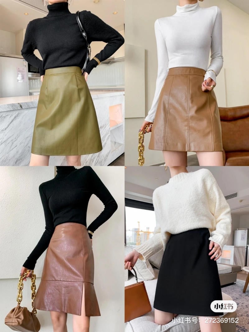 Bốn bộ trang phục mùa thu với áo len cổ lọ và váy da trong các màu sắc khác nhau, chụp trong nhà.