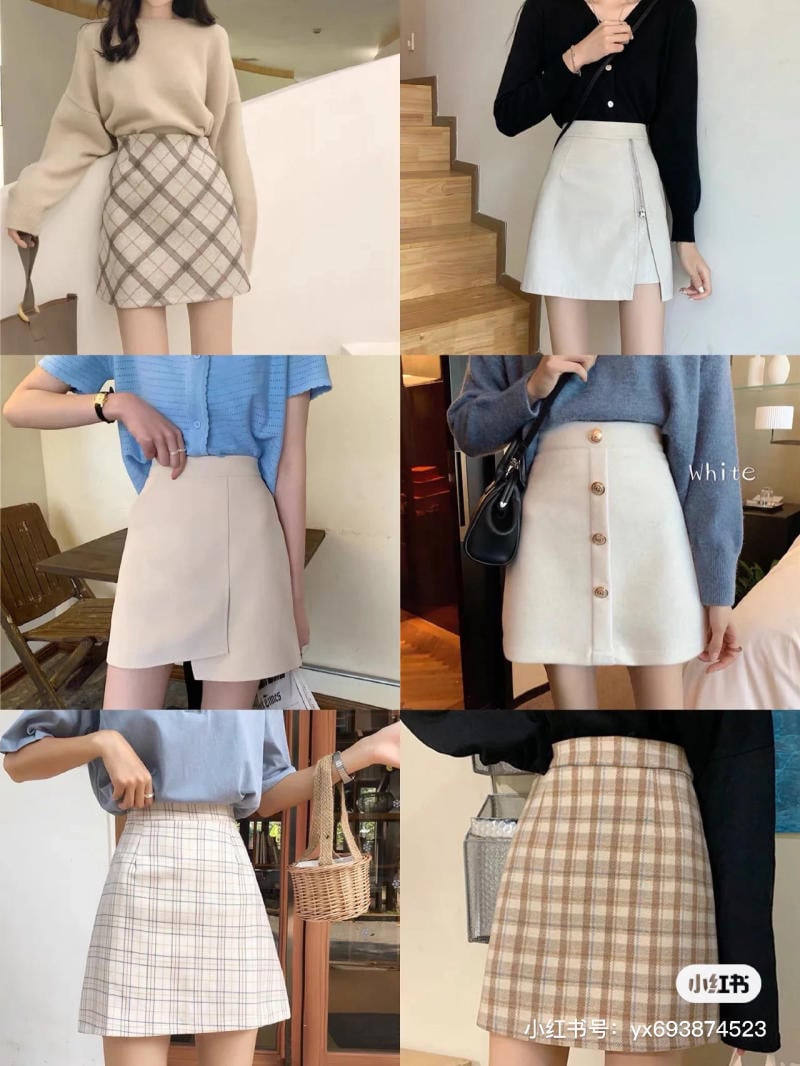 Sáu bộ trang phục nữ khác nhau với váy ngắn, mỗi bộ mang phong cách và họa tiết riêng.
