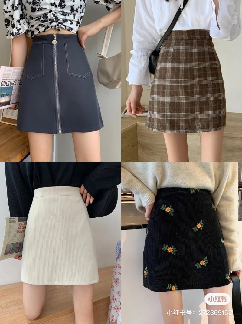 Bốn kiểu váy ngắn khác nhau, bao gồm váy đen có khóa kéo, kẻ caro, trắng trơn và thêu hoa nhỏ.