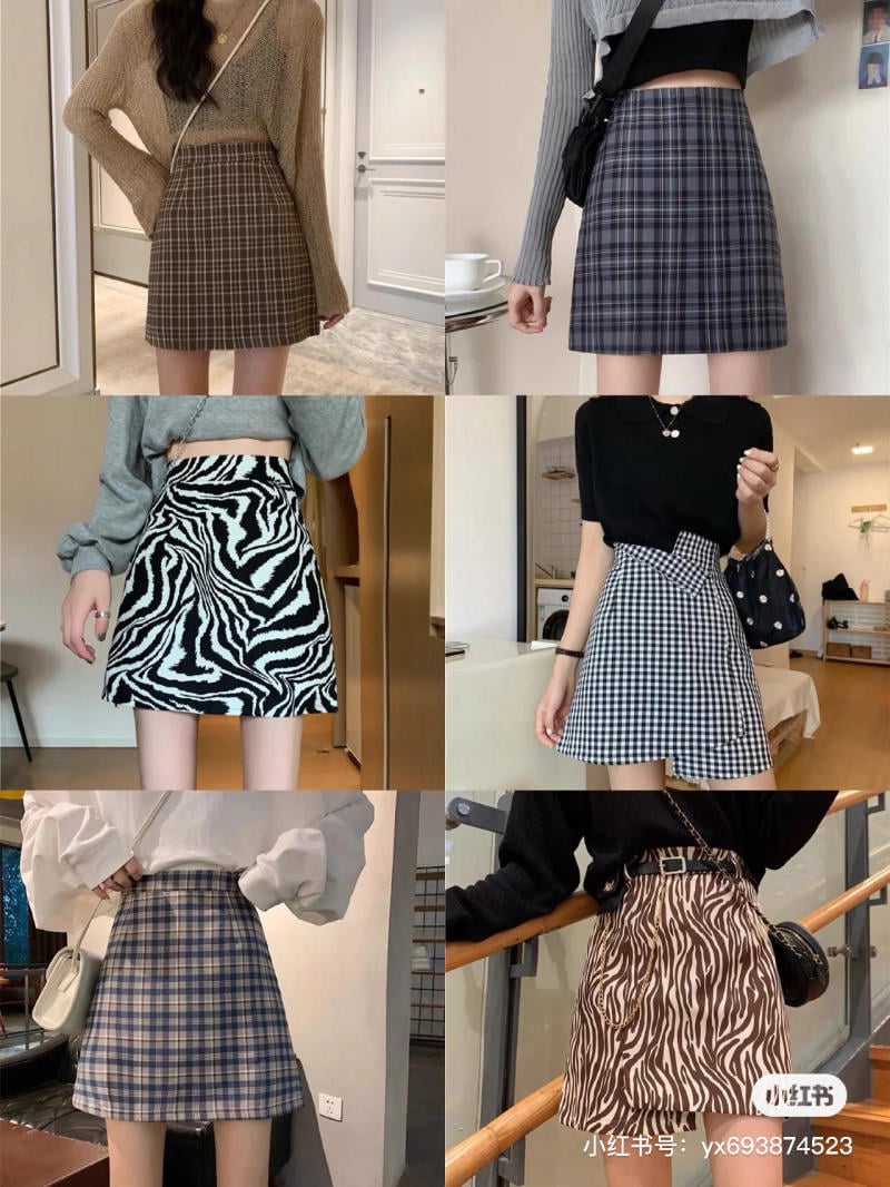Bộ sưu tập váy ngắn thời trang với các họa tiết và kiểu dáng đa dạng, từ kẻ sọc đến hoa văn động vật.