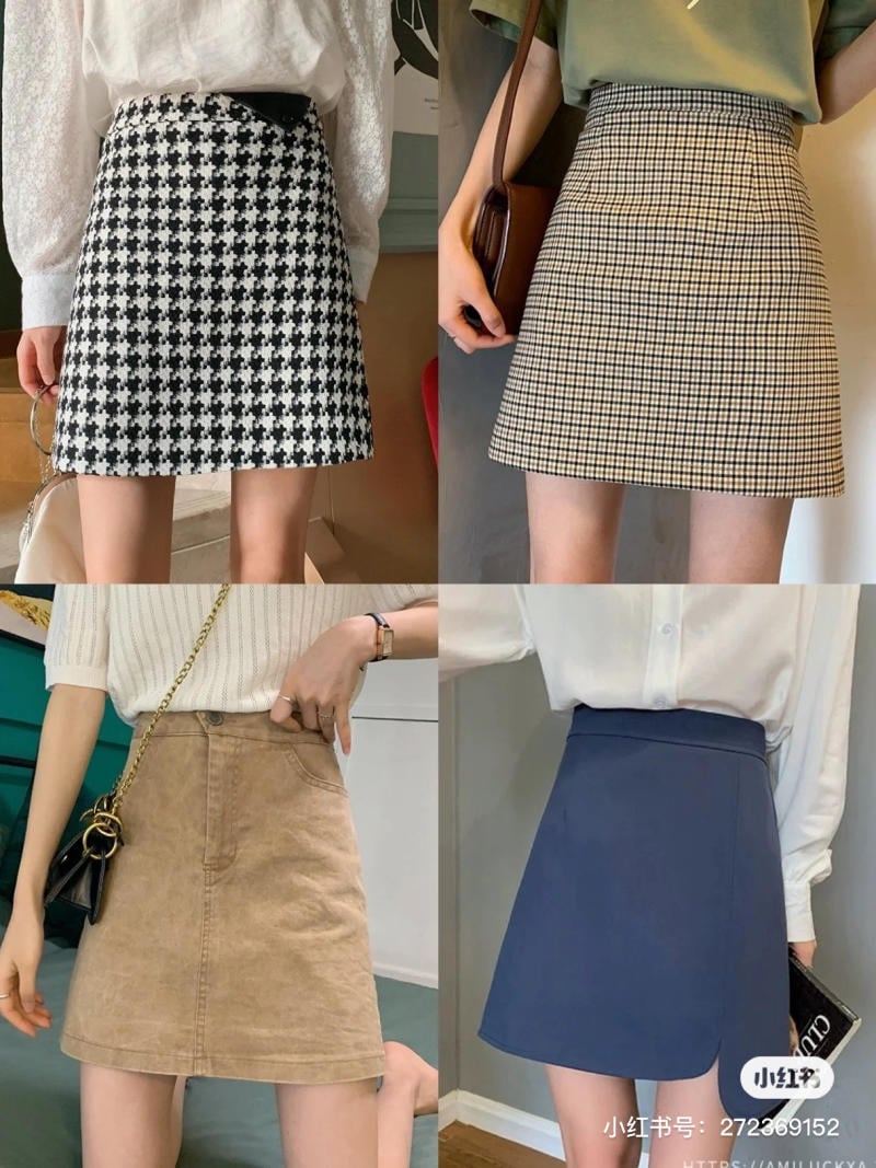 Bốn kiểu chân váy khác nhau được mặc bởi bốn người, mỗi váy có màu sắc và họa tiết riêng biệt.