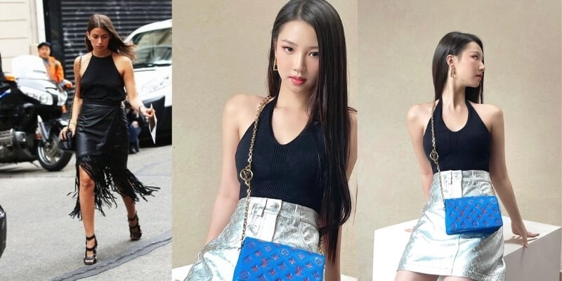 Người mẫu mặc trang phục thời trang màu đen và bạc, đeo túi xách xanh, tạo dáng tự tin trong nhà và ngoài phố.