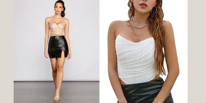 Hai người mặc áo crop top và chân váy da, một bên trái màu be và đen, bên phải màu trắng và đen.