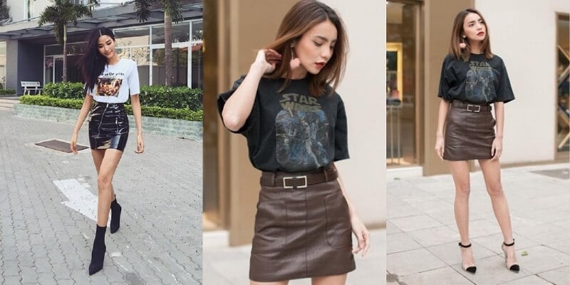 Ba hình ảnh về phụ nữ mặc áo thun và chân váy, tạo dáng ngoài trời và trong nhà, phong cách thời trang hiện đại.