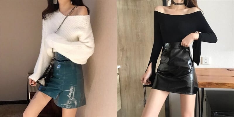 Hai người mặc áo trễ vai, một người mặc áo trắng và váy xanh, người kia áo đen và váy đen bóng.