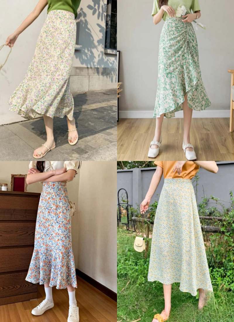 10 Cách Phối Đồ Với Chân Váy Hoa Nhí Giúp Bạn Tỏa Sáng Mùa Hè 6 Bốn người mặc váy hoa dài, mỗi người tạo dáng khác nhau trong bối cảnh khác nhau.