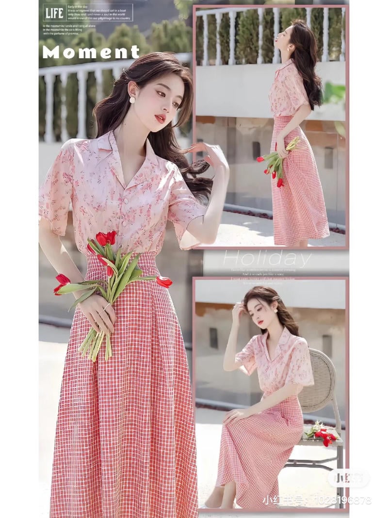 Người mẫu mặc váy hoa, cầm hoa tulip đỏ, đứng và ngồi trong không gian ngoài trời.