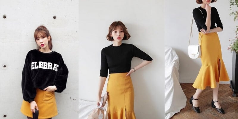 Ba phong cách thời trang với áo đen và váy vàng, mỗi người tạo dáng khác nhau trong không gian nội thất.