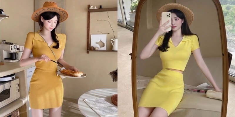 Người phụ nữ mặc váy vàng, đội mũ rộng vành, đứng trong phòng bếp và ngồi trước gương, tạo dáng chụp ảnh.