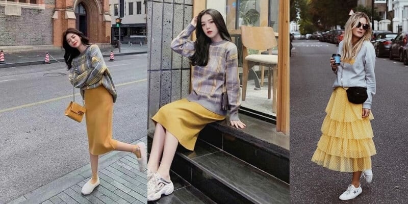 Ba người mặc váy vàng và áo len xám, tạo dáng ở các bối cảnh khác nhau trên phố và tại quán cà phê.