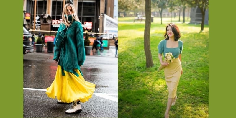 Bên trái: Người mặc áo xanh và váy vàng đi trên đường phố. Bên phải: Người mặc váy vàng cầm hoa đi trong công viên.