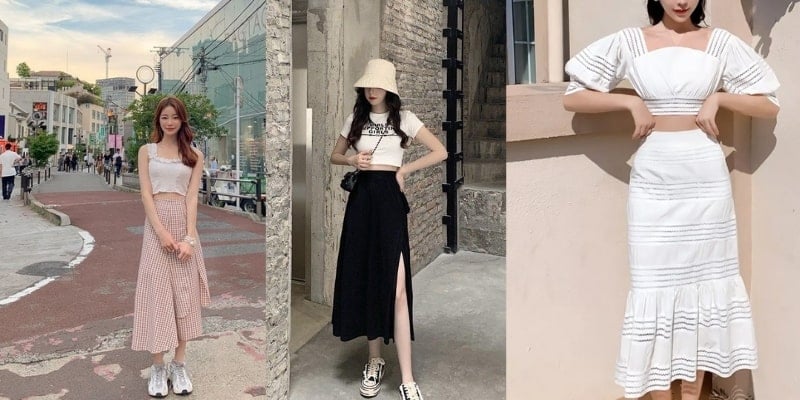 Ba trang phục thời trang nữ mùa hè, từ váy dài đến váy xẻ, phối cùng áo thun và phụ kiện giày thể thao.
