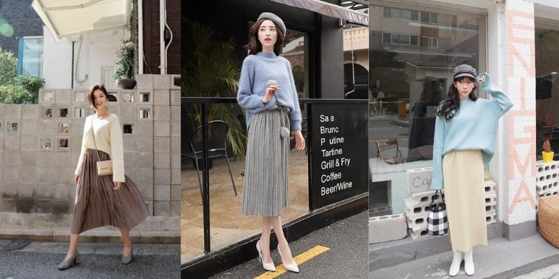 Ba người mẫu mặc trang phục mùa thu với áo len và váy dài đứng trước các bối cảnh đường phố khác nhau.