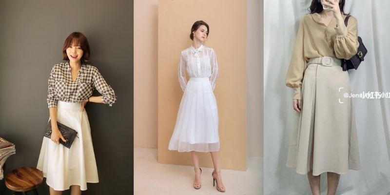 Ba người phụ nữ mặc áo sơ mi và chân váy, tạo dáng trước các bức tường có màu sắc khác nhau.