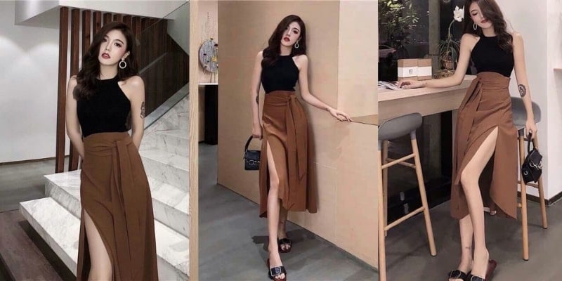 Người mẫu mặc áo đen và váy nâu xẻ cao tạo dáng trong nhà, trên cầu thang và cạnh quầy bar.