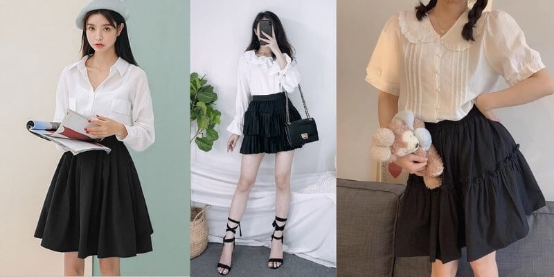 Ba người mặc áo sơ mi trắng và váy đen, tạo dáng trong các bối cảnh khác nhau.