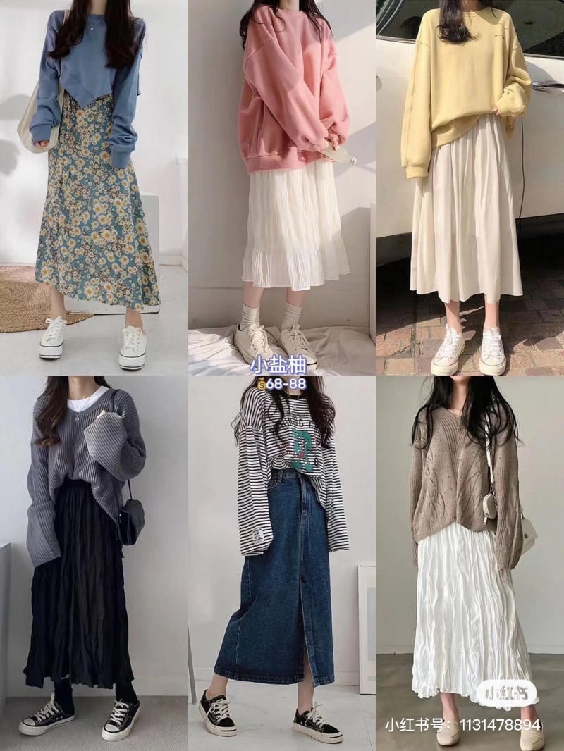 Sáu bộ trang phục nữ với áo len và chân váy dài, kết hợp giày thể thao, phong cách thời trang trẻ trung.