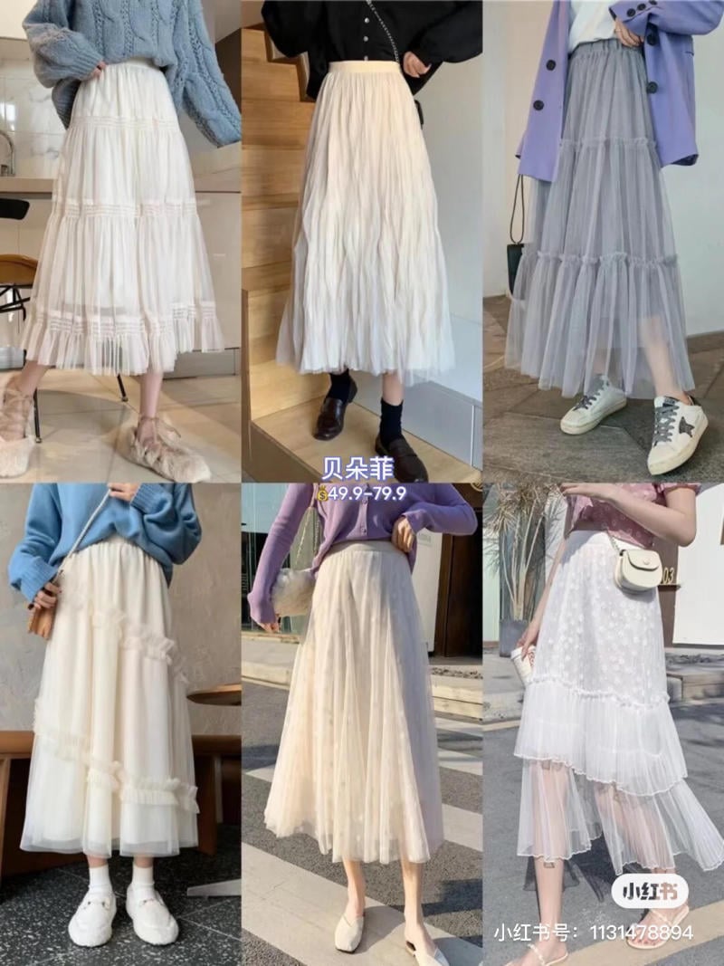 6 kiểu chân váy dài với chất liệu và màu sắc khác nhau, được phối cùng áo và giày đa dạng.