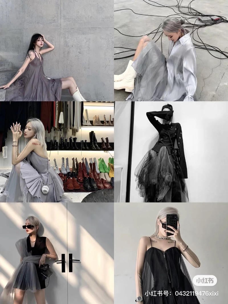 Người mẫu tạo dáng với trang phục thời trang đa dạng, từ váy xòe đến đồ vest, cùng bối cảnh tối giản.