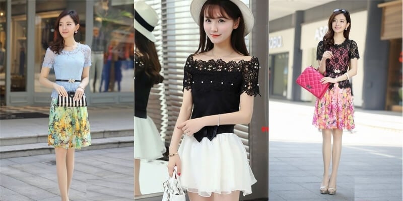 Ba người mẫu trong trang phục thời trang mùa hè, mỗi người mặc một váy hoa khác nhau, đứng tạo dáng ngoài trời.