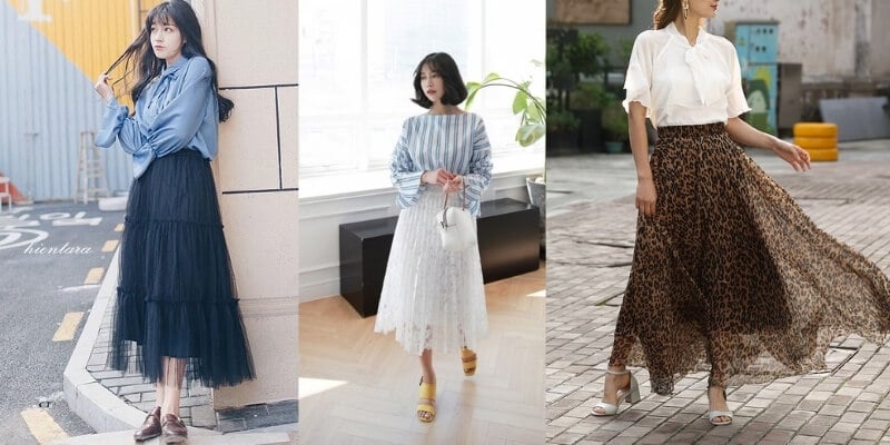 Ba người đang mặc váy dài với áo sơ mi, tạo dáng trong các bối cảnh khác nhau.