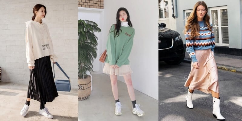 Ba người mặc trang phục mùa đông với áo khoác và váy, tạo dáng trong các bối cảnh khác nhau.