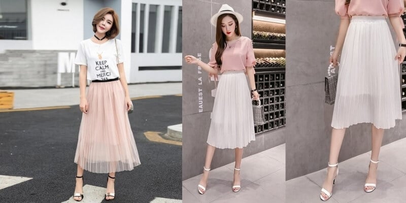 Ba người mặc áo thun kết hợp với váy xếp ly dài, đứng trong các bối cảnh khác nhau.