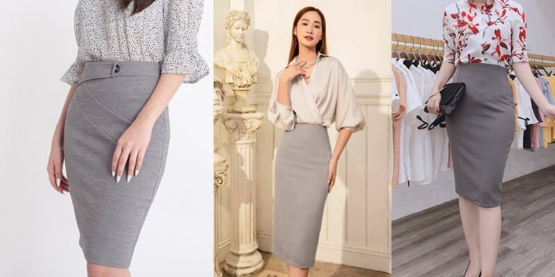 Ba mẫu váy bút chì màu xám kết hợp với áo sơ mi trong các phong cách thời trang khác nhau.