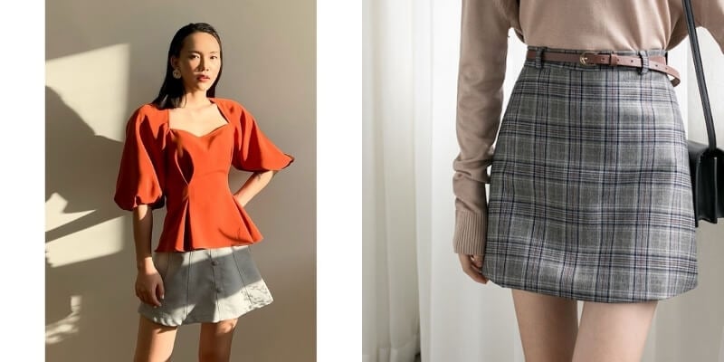 Hình ảnh một người mặc áo cam và chân váy denim, bên cạnh là váy kẻ caro xám với áo dài tay màu nude.