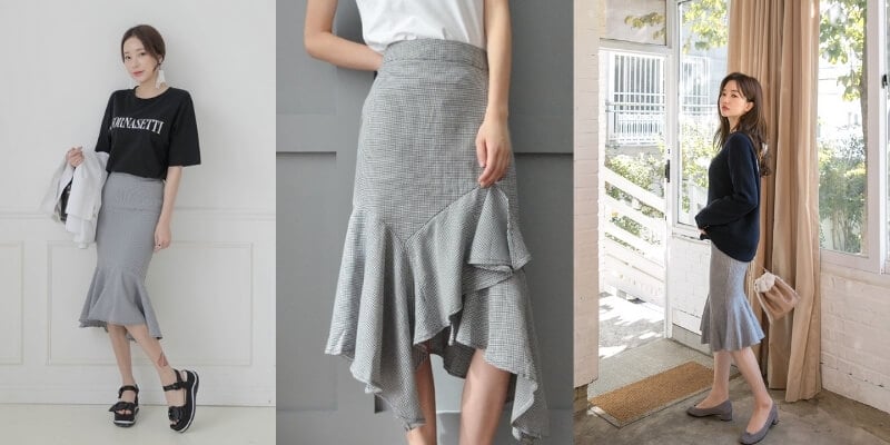 Ba hình ảnh thể hiện váy kẻ caro xếp tầng, phối cùng áo phông và áo len, tạo phong cách thời trang hiện đại.