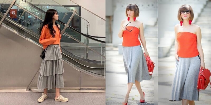 Người mặc áo cam và váy xám, đứng trong trung tâm thương mại và ngoài trời, với phụ kiện túi xách, giày.