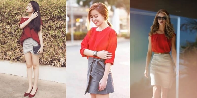 Ba người mặc áo đỏ và váy ngắn màu xám, tạo dáng ở ngoài trời.