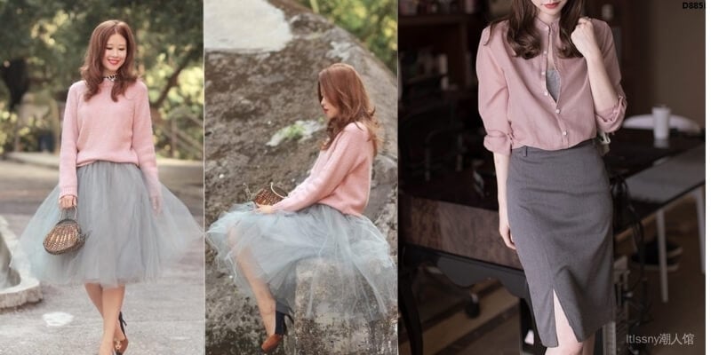 Người mặc áo hồng và váy xám đứng, ngồi ngoài trời và trong nhà, tạo dáng khác nhau.