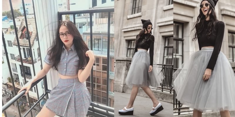 Người phụ nữ mặc váy đứng trên ban công, và người khác mặc váy xòe đi dạo trên phố, cả hai đều đeo kính.
