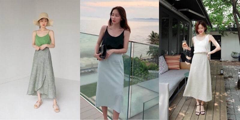 Ba người phụ nữ mặc trang phục mùa hè, đứng trong các bối cảnh khác nhau: trong nhà, ngoài trời và bên bờ biển.