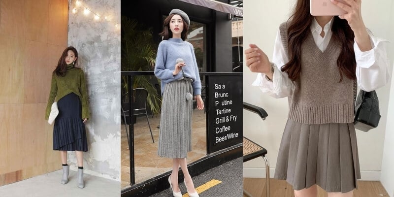 Ba người mặc trang phục mùa thu đông đa dạng, bao gồm áo len, váy dài và giày, đứng trong các bối cảnh khác nhau.