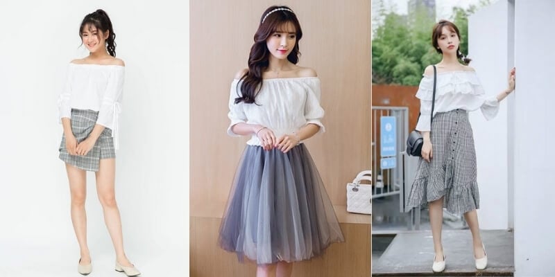 Ba người mặc áo trễ vai trắng kết hợp với các kiểu váy khác nhau, đứng trong các bối cảnh khác nhau.