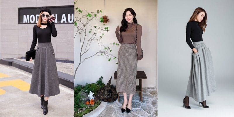 Ba người mặc áo dài tay và váy dài, tạo dáng thời trang trong các bối cảnh khác nhau.