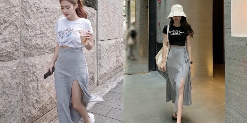Hai người mặc áo thun và váy xẻ tà màu xám, một người cầm ly nước, người kia đội mũ bucket.