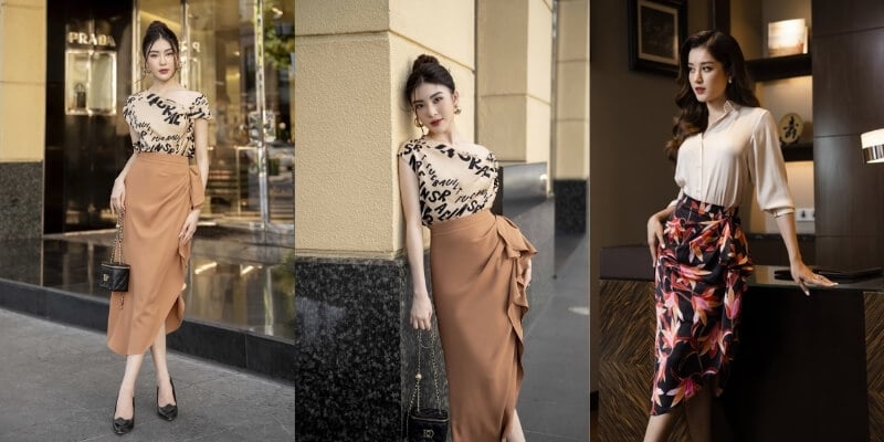 Người mẫu mặc trang phục thời trang thanh lịch đứng trước các bối cảnh khác nhau trong nhà và ngoài trời.